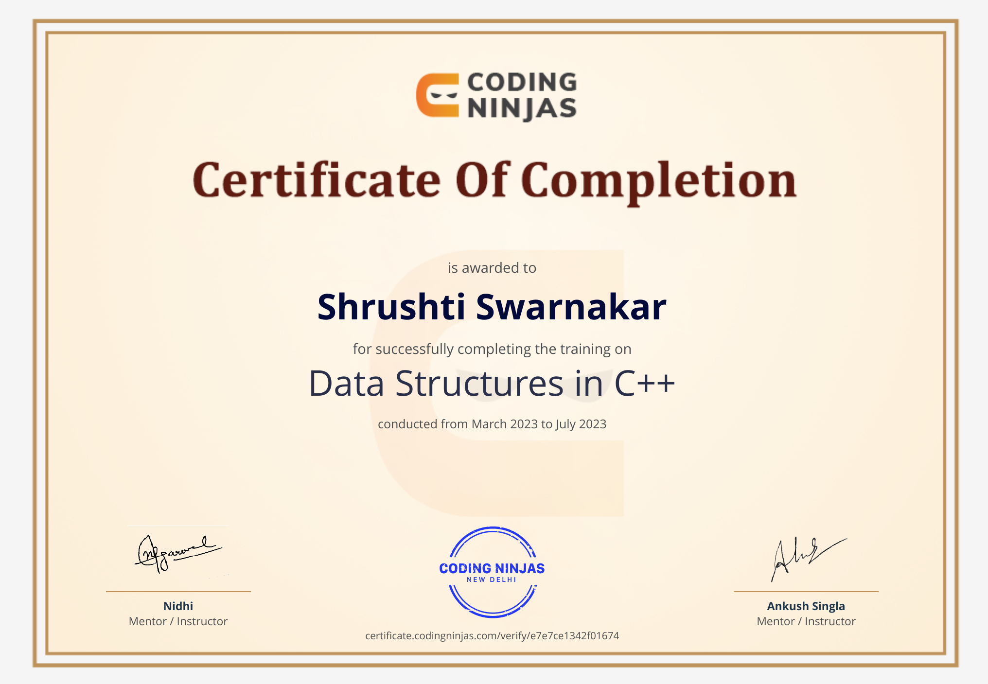 Coding Ninjas Data Structures in C++ certificate of completion for Shrushti Swarnakar