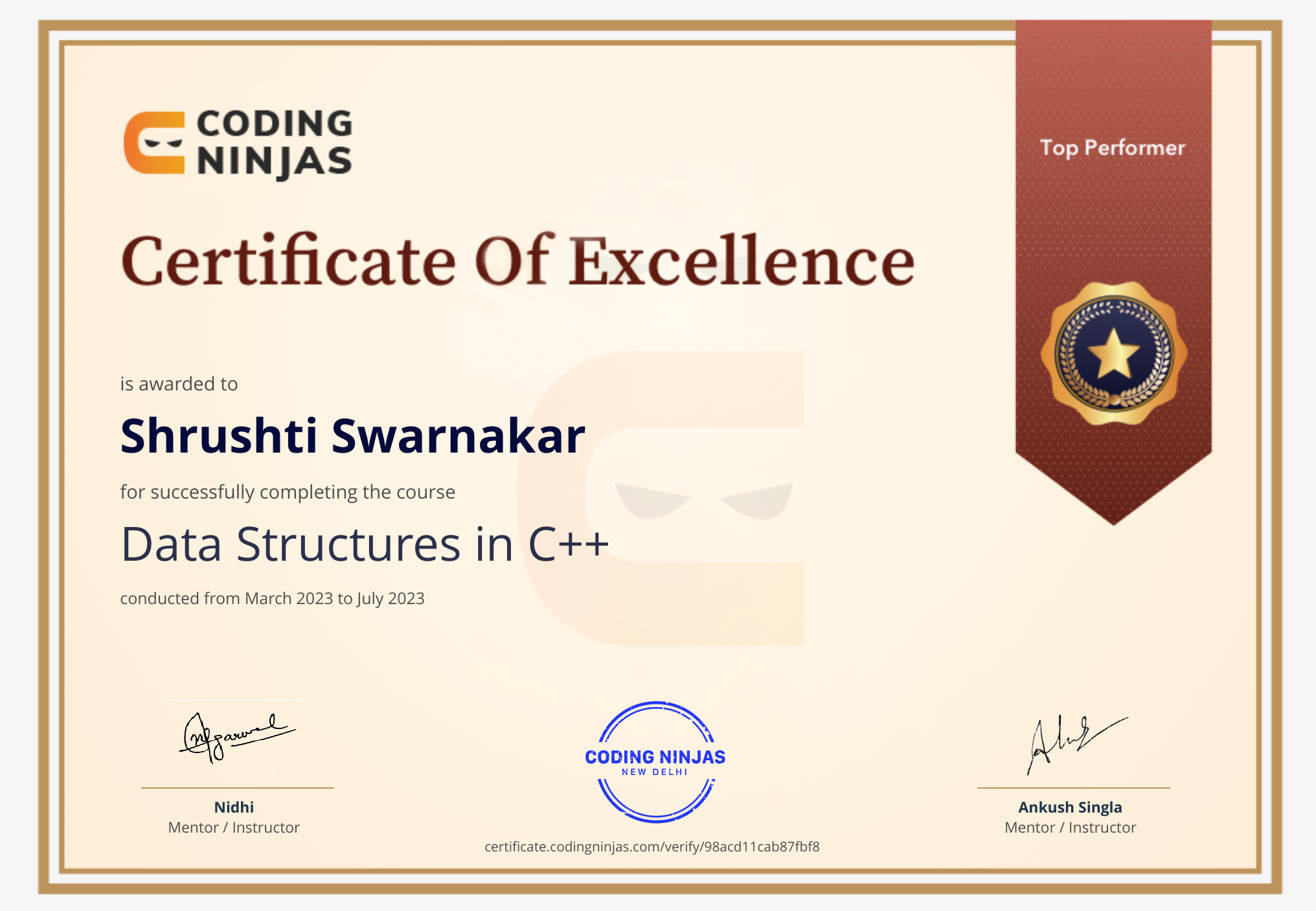 Coding Ninjas Data Structures in C++ certificate of excellence for Shrushti Swarnakar