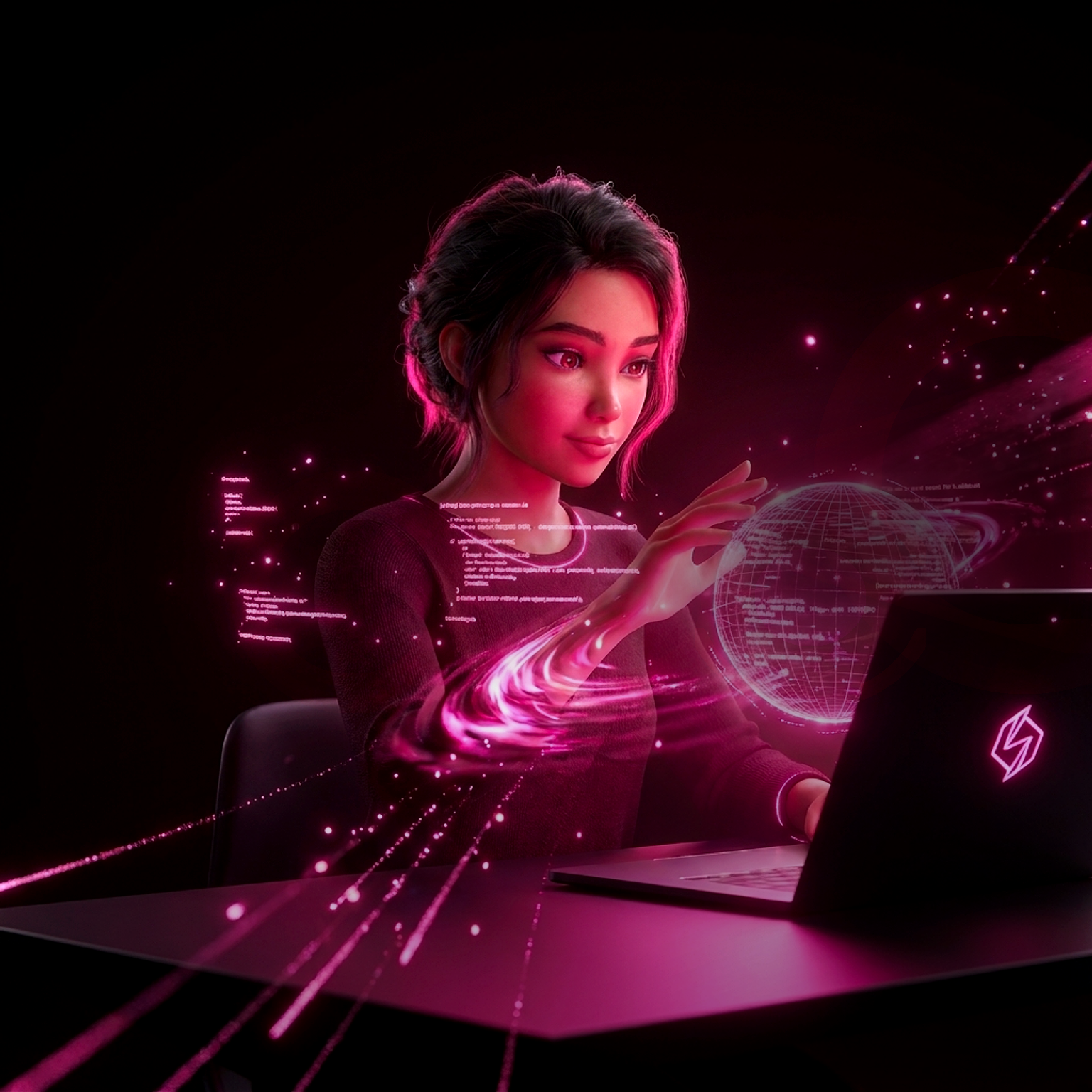 CGI female developer working at a laptop with a hot-pink holographic sphere